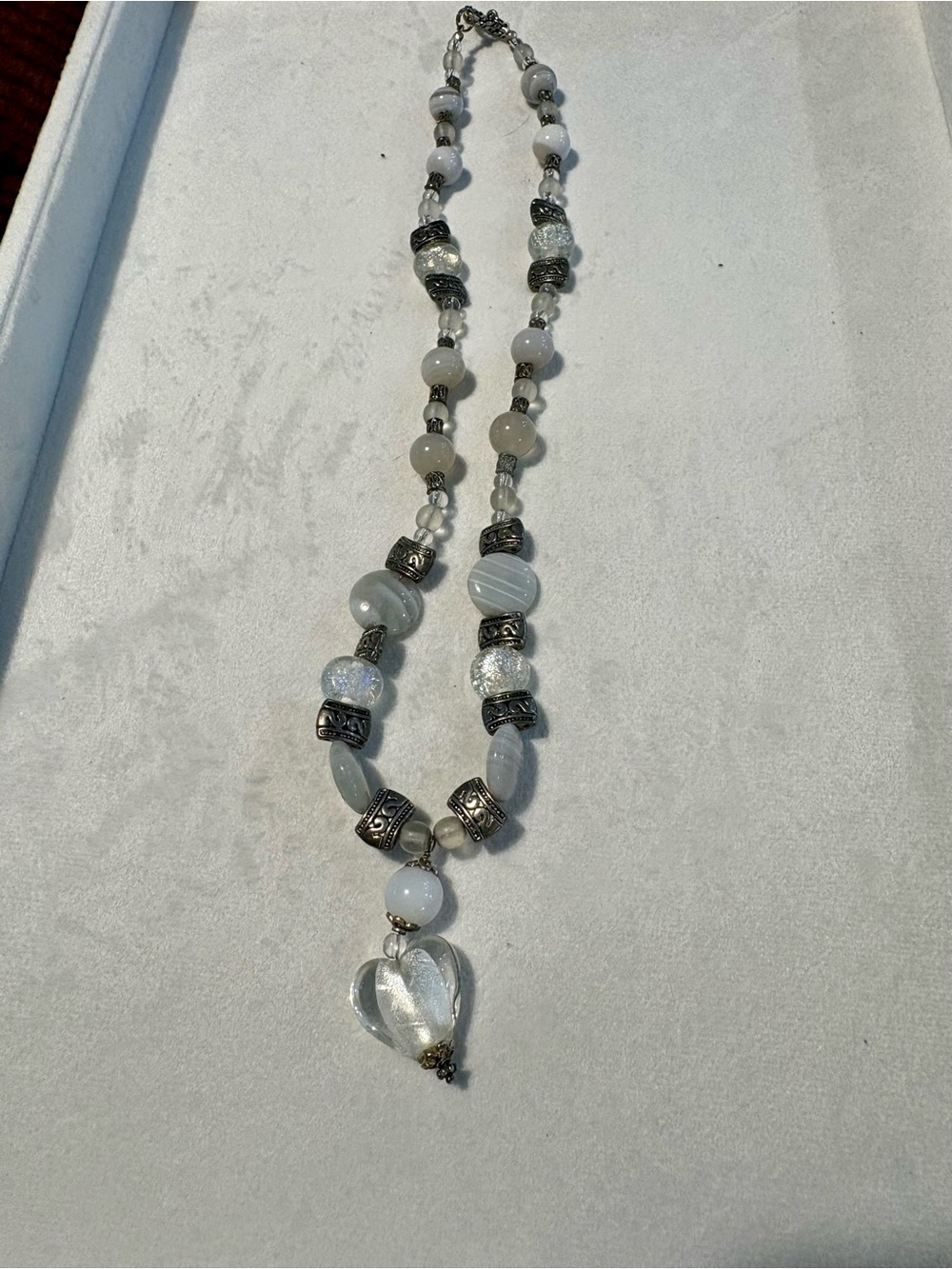 White dichroic glass beaded heart necklace